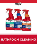 Magic bathroom cleaning products lineup with grout cleaner, shower glass cleaner, mold and mildew stain remover in red bottles