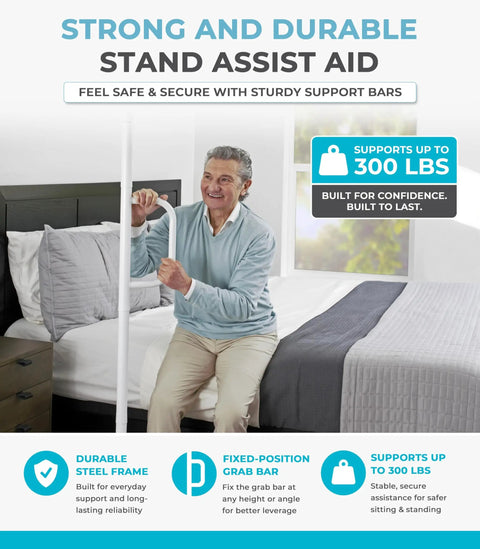 Senior using Floor To Ceiling Grab Bar With Single Handle No Drill Tension Mounted Transfer Pole for bedside support.