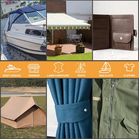 Heavy Duty Snap Fastener Tool Kit With Punch Die And 50 Replacement Metal Snaps For Repairing Boat Covers Canvases Tarps And Sewing Projects Built Tough For Marine Grade Outdoor Covers Awnings Tents And Bimini Tops displayed with various uses like boat covers and tents