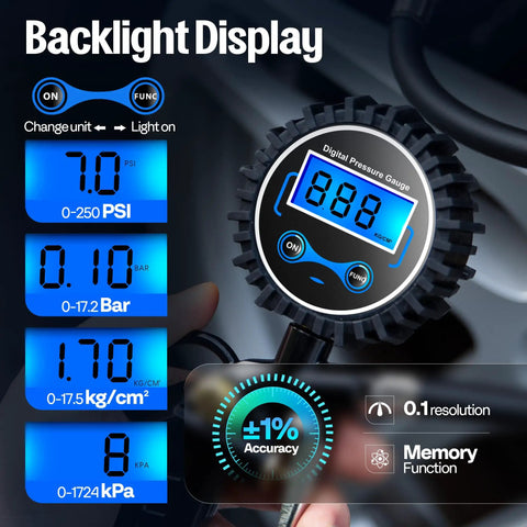 Two Pack Digital Tire Inflator With Pressure Gauge And Backlit Display For Nite Use showing units and accuracy