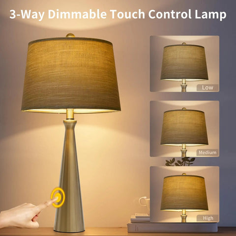 25.75 Inch Table Lamp Set Of 2 For Living Room And Bedroom, Touch Dimming 3 Way Lamps With USB Charging Port, Silver Fabric Shade