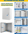 Heavy Duty Electrical Junction Box 16x12x8 Inch IP66 Nema 4X Rated Steel Enclosure showing locking mechanism and interior detail.