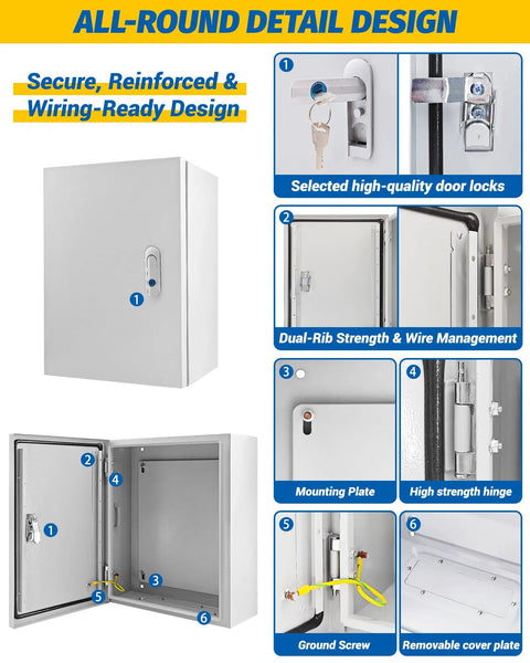 Heavy Duty Electrical Junction Box 16x12x8 Inch IP66 Nema 4X Rated Steel Enclosure showing locking mechanism and interior detail.