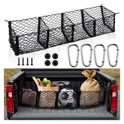 Multi Compartment Truck Bed Cargo Net For Tesla Cybertruck 2024 with groceries and gear secured in truck bed.