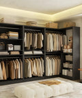 Kick Your Storage Game Up A Notch With This Heavy Duty Wood Corner Closet System Featuring Six Hanging Rods And Two Modular Towers To Build A Spacious L Shaped Freestanding Wardrobe In Sleek Black Finish showcasing organized closet layout.