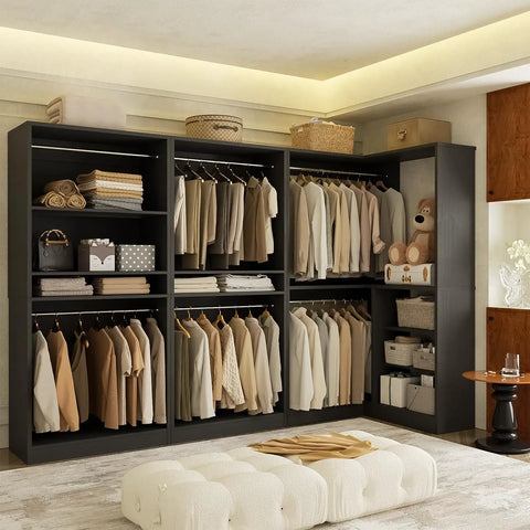 Kick Your Storage Game Up A Notch With This Heavy Duty Wood Corner Closet System Featuring Six Hanging Rods And Two Modular Towers To Build A Spacious L Shaped Freestanding Wardrobe In Sleek Black Finish showcasing organized closet layout.