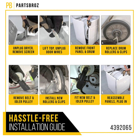 Must Have Dryer Repair Kit 4392065 For Whirlpool DIY Fix installation guide with step-by-step photos of belt and pulley replacement