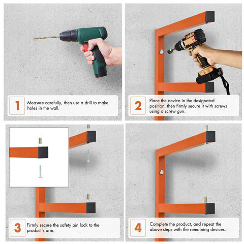 Installation steps for Heavy Duty 3 Level Wall Mounted Lumber Storage Rack Made Of Steel for garage or workshop.