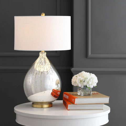 Mercury Silver Glass Teardrop Table Lamp With White Linen Drum Shade For Living Room Or Bedroom Dope Glam Transitional Bedside Lighting With Brass Gold Accents And Included LED Bulb on side table