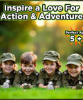 Children dressed as soldiers with 4 Pack Toy Grenades Set For Kids, Realistic Boom Sound Effects in a grassy backyard setting