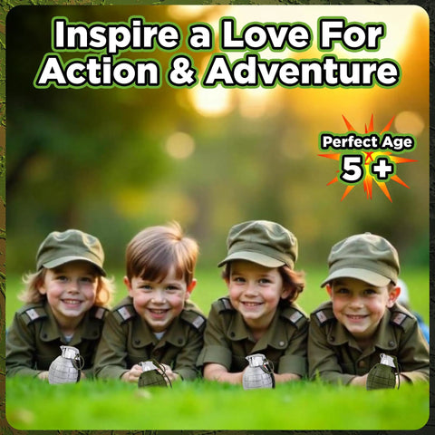 Children dressed as soldiers with 4 Pack Toy Grenades Set For Kids, Realistic Boom Sound Effects in a grassy backyard setting