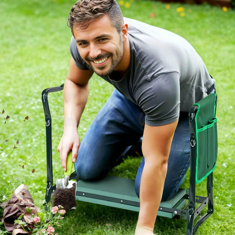 Man using Foldable Garden Kneeler And Seat With Tool Pouches All In One Bench Soft Kneeling Pad For Easy Weeding And Plant Care