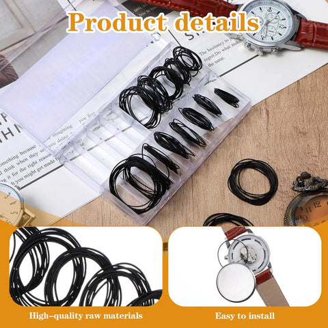 180 Pcs Watch Gasket O Ring Kit With 18 Sizes Waterproof Rubber Seals displayed with watch and installation guide