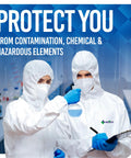 Scientists in lab wearing Hazmat Suits Disposable Coveralls for Medical Protection, Six Size Options, PPE Hazmat Suit with 360 Degree Protection