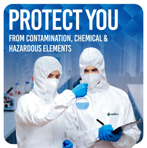 Scientists in lab wearing Hazmat Suits Disposable Coveralls for Medical Protection, Six Size Options, PPE Hazmat Suit with 360 Degree Protection