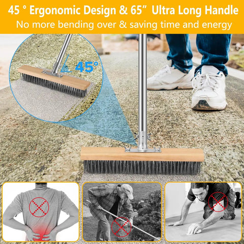 65 Inch Long Handle Deck Scrub Brush With Dense Stainless Steel Bristles For Moss Grime And Algae Removal On Concrete Surface
