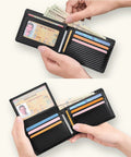 Ultra Slim RFID Blocking Wallet For Men With 12 Card Capacity, Two ID Windows And Cash Slot, open view holding cards