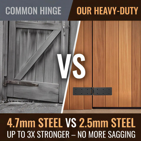 Comparison of Hinges: Common hinge vs Heavy Duty Gate Hinges 6 Pack Adjustable 270 Degree Black Iron Folding Barn Door Hardware.
