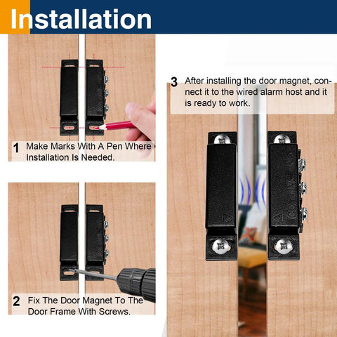Installation steps for Two Pack Magnetic Reed Door Window Sensor NC And NO Modes Surface Mount Alarm Sensor Kit Pre Wired