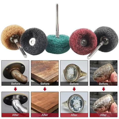 100 Pcs 1 Inch Buffing Polishing Wheel Set For Rotary Tools with shank and before-after polishing results on metal, wood, jewelry.