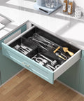 Ten Pack Large Plastic Drawer Organizer Set With Extra Large Large And Medium Trays For Desk Vanity Makeup Bathroom Kitchen Utensils And Office Black Keeps Every Drawer Neat Tidy And Easy To Access installed in kitchen drawer