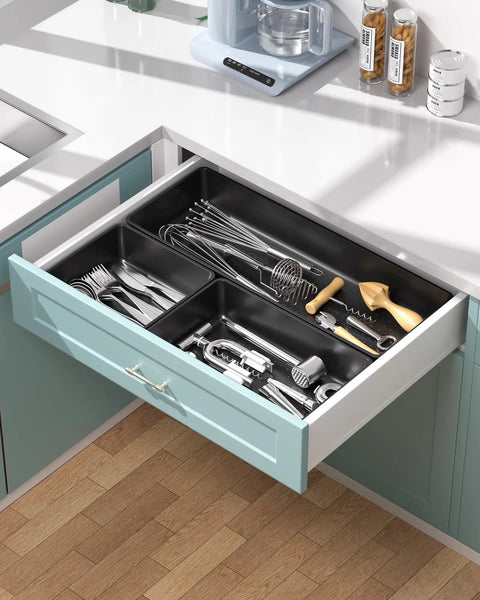 Ten Pack Large Plastic Drawer Organizer Set With Extra Large Large And Medium Trays For Desk Vanity Makeup Bathroom Kitchen Utensils And Office Black Keeps Every Drawer Neat Tidy And Easy To Access installed in kitchen drawer