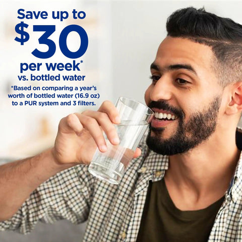Man drinking water holding glass, savings text next to him, using Vertical Faucet Mount Water Filtration System With Lead Reducing Filter