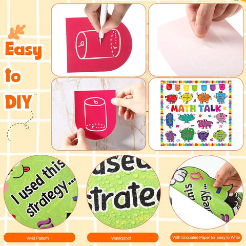 Math Talk Bulletin Board Decor Set for Teachers and Classrooms, 54 Piece Classroom Kit details and cutouts displayed.