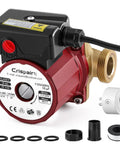 Solid Build 1/8 HP Hot Water Recirculating Pump With 115 Volt 20 Foot Cord And 1 1/4 Inch NPSM Connections, showing pump head and connection parts.
