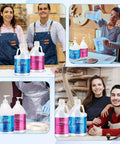Collage of Crystal Clear Epoxy Resin Kit 1 Gallon Self Leveling For Coating And Casting High Gloss Bubbles Free Resin And Hardener 1 To 1 Ratio Ideal For DIY Art Jewelry Table Tops Molds And Wood Projects with people using it.
