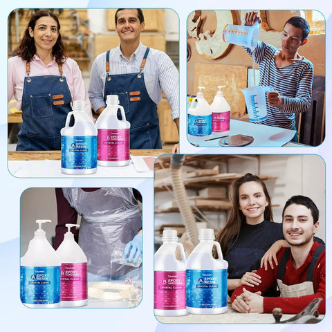 Collage of Crystal Clear Epoxy Resin Kit 1 Gallon Self Leveling For Coating And Casting High Gloss Bubbles Free Resin And Hardener 1 To 1 Ratio Ideal For DIY Art Jewelry Table Tops Molds And Wood Projects with people using it.