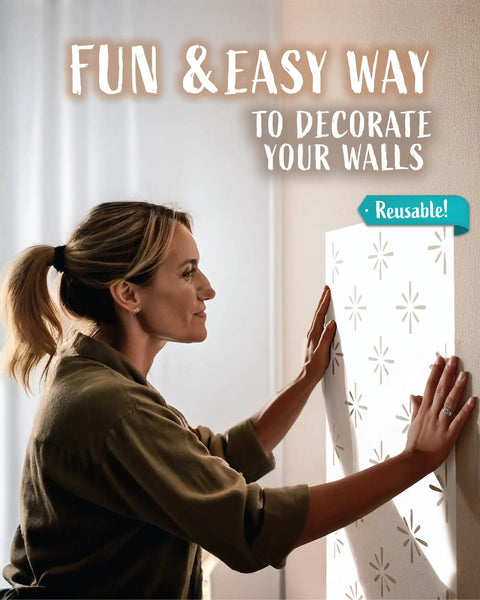 Woman using Starburst Geometric Wall Stencil Kit 2 Pack Of 16.5 X 31.5 Inch Stencils For Large Pattern Scandinavian Style DIY Wall Art.