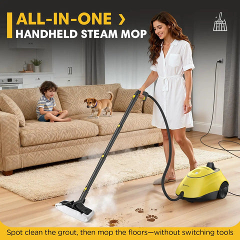 Woman using 2-in-1 Heavy Duty Steam Mop 1500W Power, 1.4L Tank With 26 Accessories For Floors And Cars on hardwood floor.