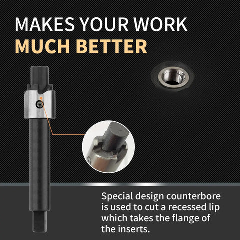 Pro Grade M8x1.25 Thread Repair Kit With Stainless Steel Inserts showing counterbore tool and insert for metal repair