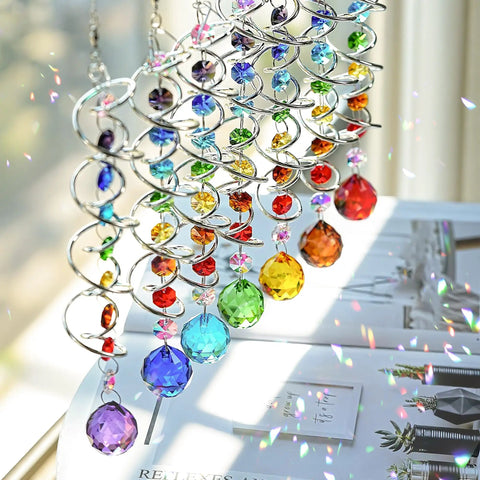 Seven Piece Crystal Gazing Ball Spiral Wind Spinner Suncatchers For Garden Decor, Durable Metal Frame With K9 Crystal Prisms, hanging indoors