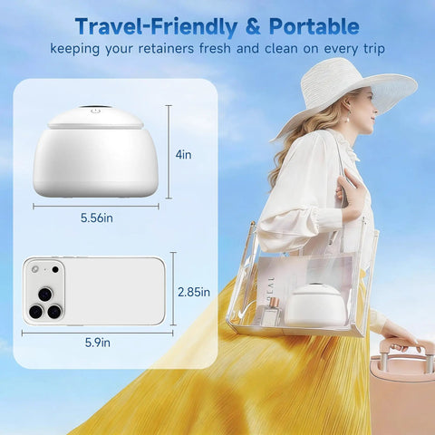 Keep Your Mouth Straight Fire Clean With This Ultrasonic Retainer Cleaner Using 45Khz Uv Deep Tech to show portable retainer cleaner size next to phone.