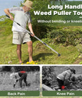Man using 60 Inch Weed Puller With Long Handle, 2 In 1 Garden Weed Rake And Hoe, Heavy Duty Uprooter For Deep Root Weeding