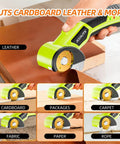 JCCHJTX 4V Cordless Electric Scissors With Led Light cutting leather, cardboard, fabric, and rope on various surfaces.