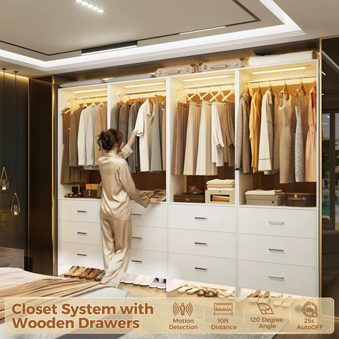Eight Foot White Walk In Closet Organizer System With Motion Sensing Led Lights And Heavy Duty Hanging Rods No Sweat Assembly For Master Bedroom Slick Storage Upgrade And Effortless Space Saving Design