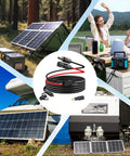 Collage of solar panels and camping with Solar Panel Extension Cable MC4 To 8mm DC Connector 6.6 Feet 12AWG Plus 14AWG Cable highlighted.