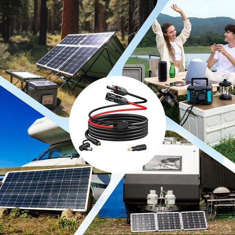 Collage of solar panels and camping with Solar Panel Extension Cable MC4 To 8mm DC Connector 6.6 Feet 12AWG Plus 14AWG Cable highlighted.