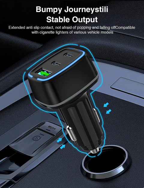 Hella Fast 75W USB C Car Charger With Three Ports delivering PD 3.0 and QC 3.0 power plugged into a car cigarette lighter socket.