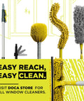 Window cleaning tools with microfiber dusters and squeegee, easy reach for cleaning, displayed against a yellow background.