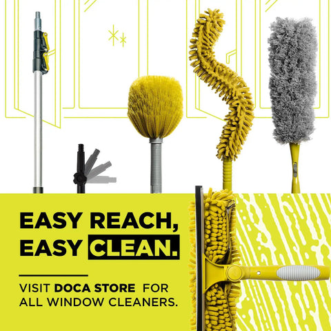 Various window cleaning tools with easy reach handles and cleaning brushes displayed in vibrant colors.
