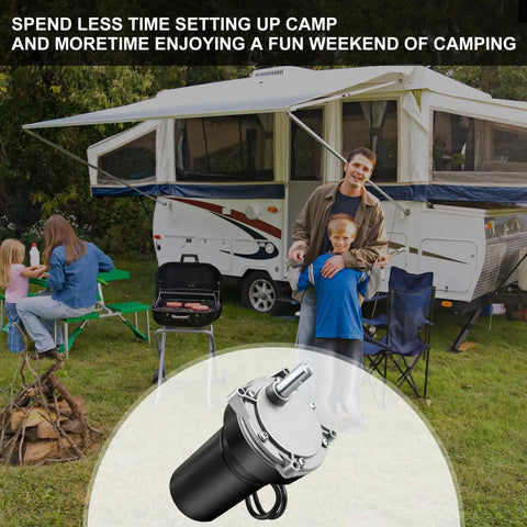 Rear RV Electric Stabilizer Jack Motor Replacement For Lippert Systems Easy Direct Wire Fit shown by camper