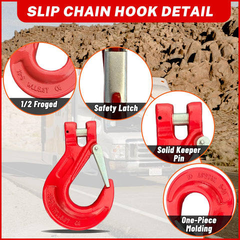 Half Inch Clevis Slip Hook And Chain Connector Link Set G80 Rated showing hook details, safety latch, and solid keeper pin