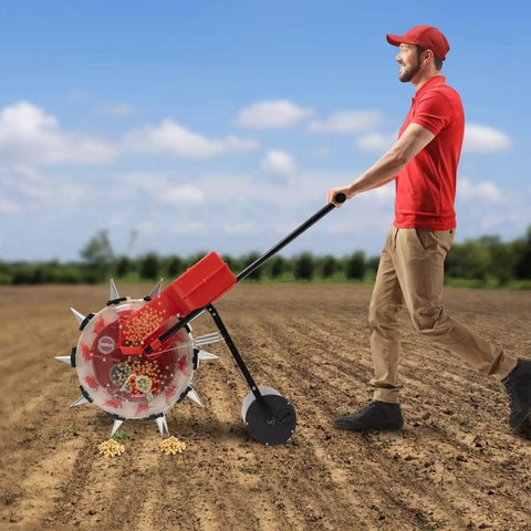 Person using Easy To Use Manual Seed Planter With Hand Push Roller Seeder For The Garden, No Fuss 10-Port Seed Dispenser