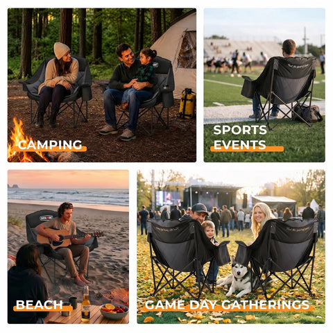 Oversized XL Camping Chair for Adults With 400 Pound Capacity showing use at camping, sports, beach, and gatherings.