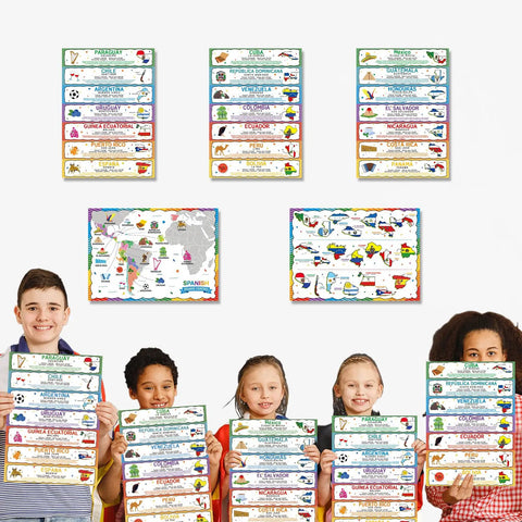 Children holding Five 12 By 18 Inch Spanish Speaking Countries Poster Set With Map For ESL Classrooms A Must Have Go To Visuals
