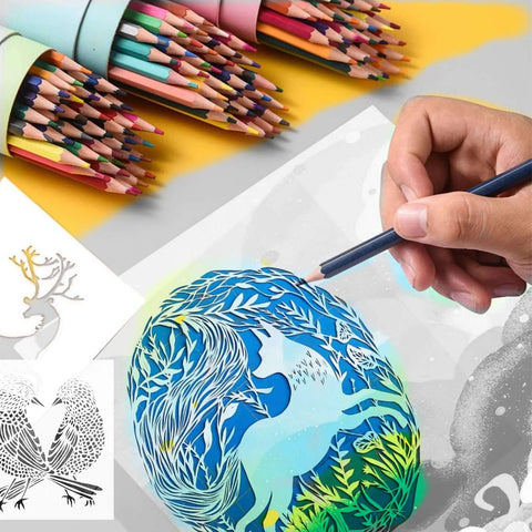 ZHluja 10-pack blank stencil sheets, 12x12 in, 10 mil, transparent PET for laser cutting; pencils and stencil art shown.